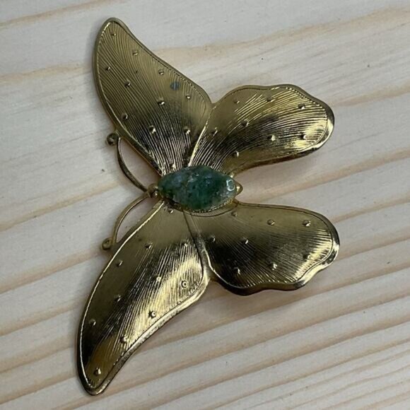 Vintage Gold-Tone Butterfly Brooch With Green Stone Accent - Picture 2 of 5